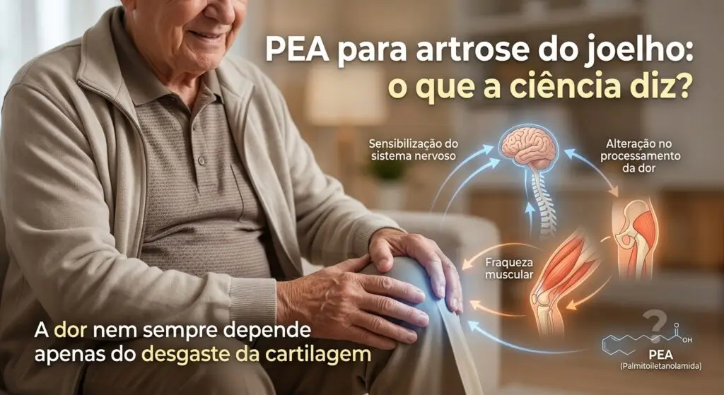 Homem idoso com as mãos sobre o joelho, em imagem educativa sobre PEA, artrose e dor crônica.